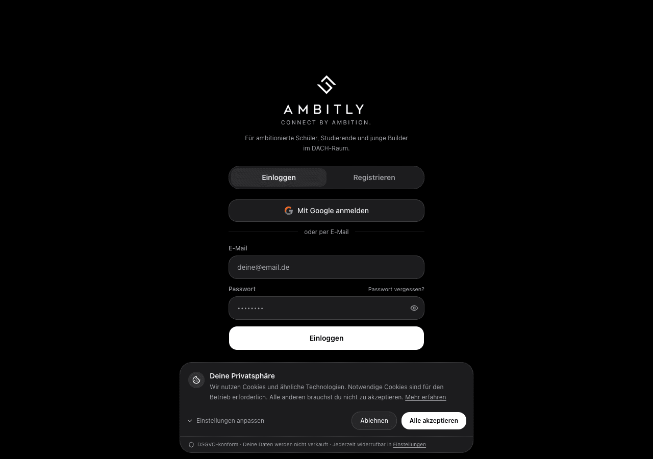 Screenshot der Ambitly Login Ansicht