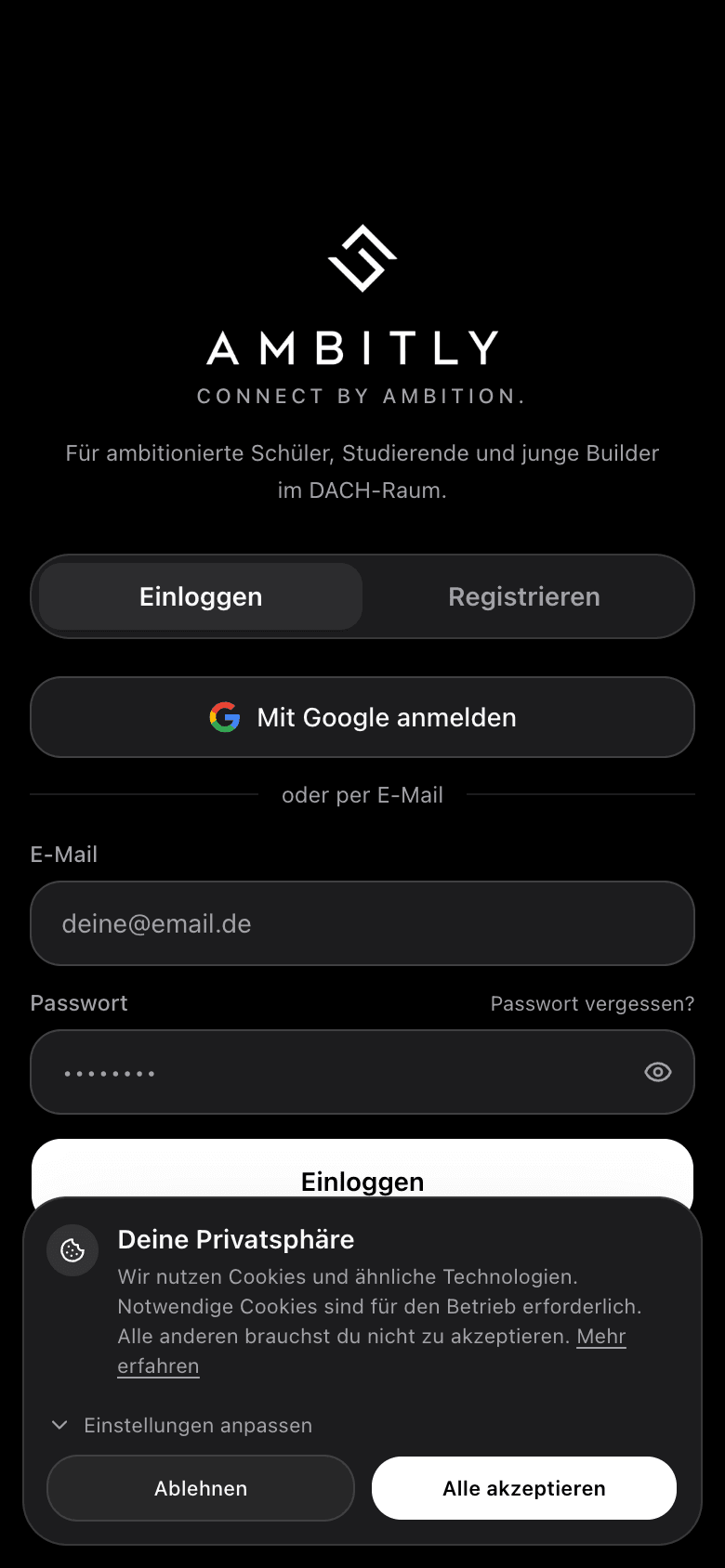 Mobiler Screenshot der Ambitly Login Ansicht
