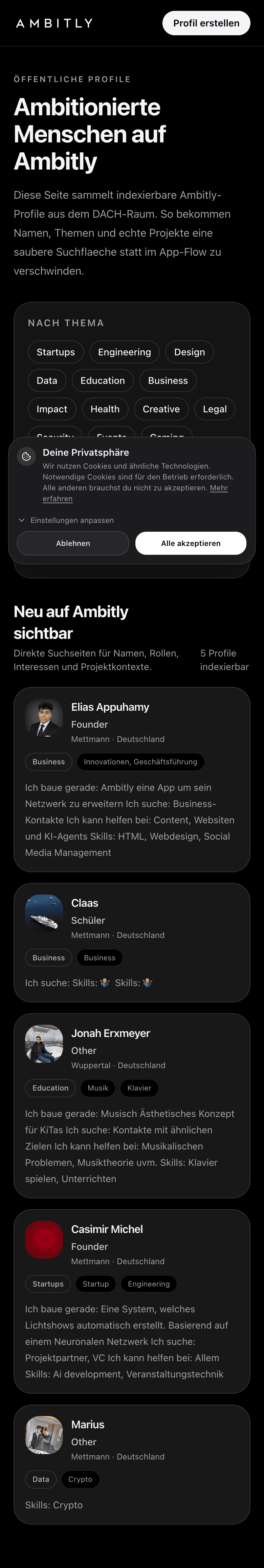 Mobiler Screenshot öffentlicher Ambitly Profile
