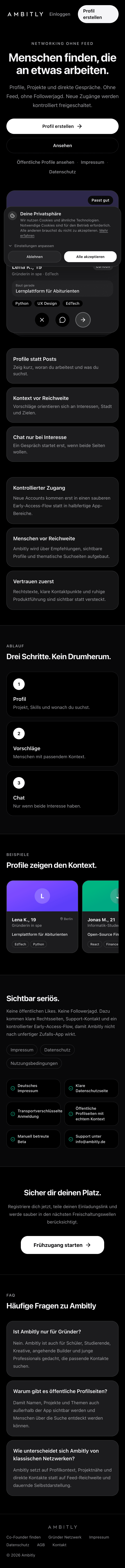 Mobiler Screenshot der Ambitly Startseite