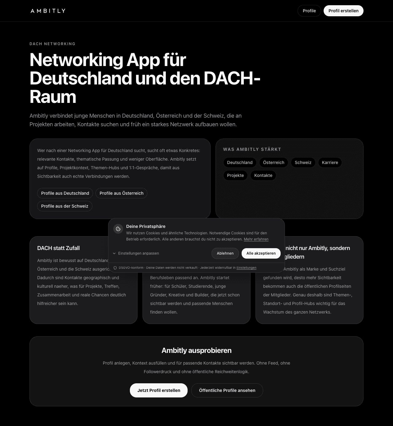 Screenshot der Ambitly Networking Seite